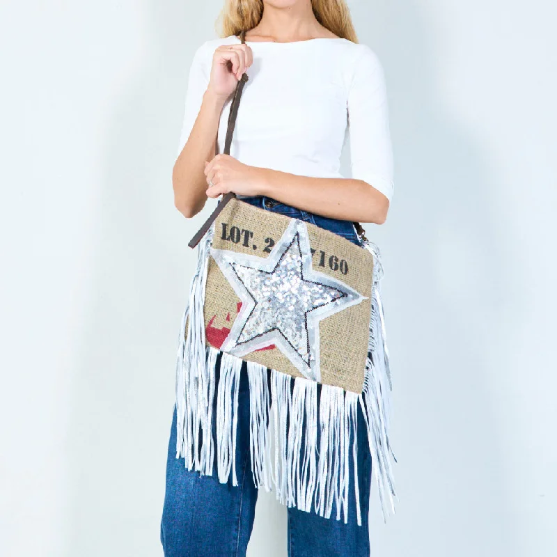 Classy Style Discounts Sequin star burlap fringe crossbody bag wholesale