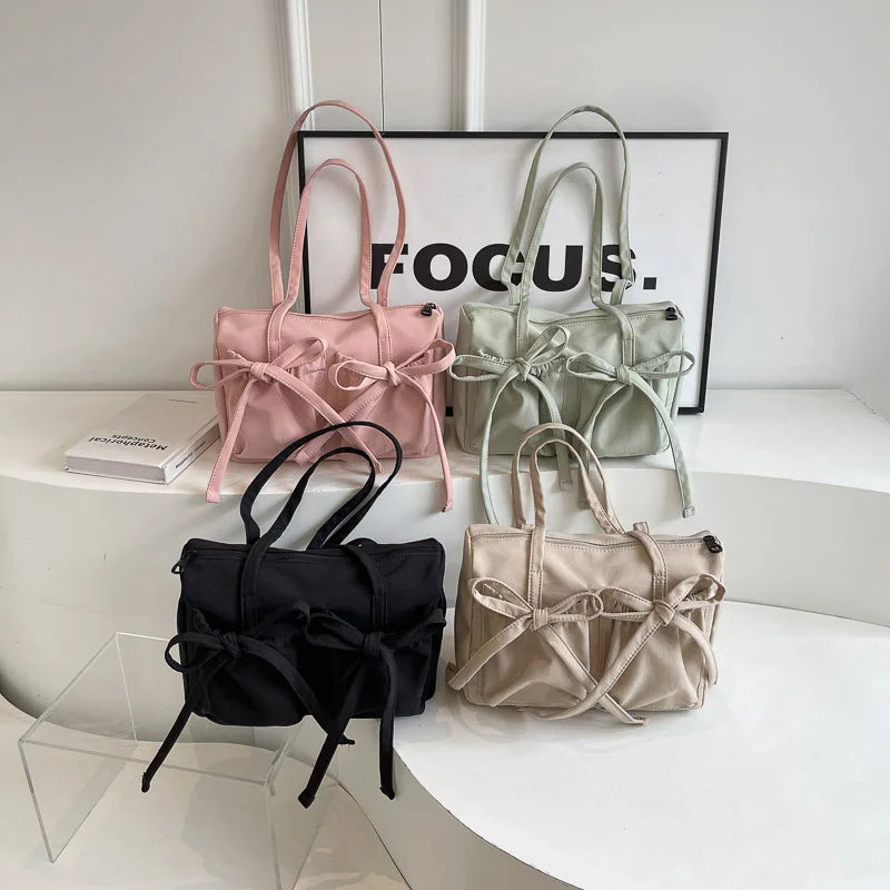 Urban Style 2024 New Bow Tote Bag High End High Capacity Shoulder Bag Women's Simple Solid Color Commuting Underarm Bag