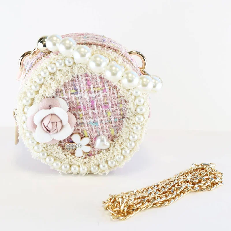 Wholesale Bags For Resellers Pearl Trim Round Tweed Purse