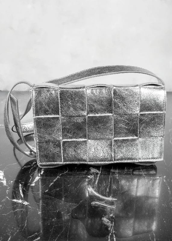 Black Friday Deals On Stylish Handbags Bottega Veneta Mettalic Silver Leather Intreccio Cassette Crossbody Bag