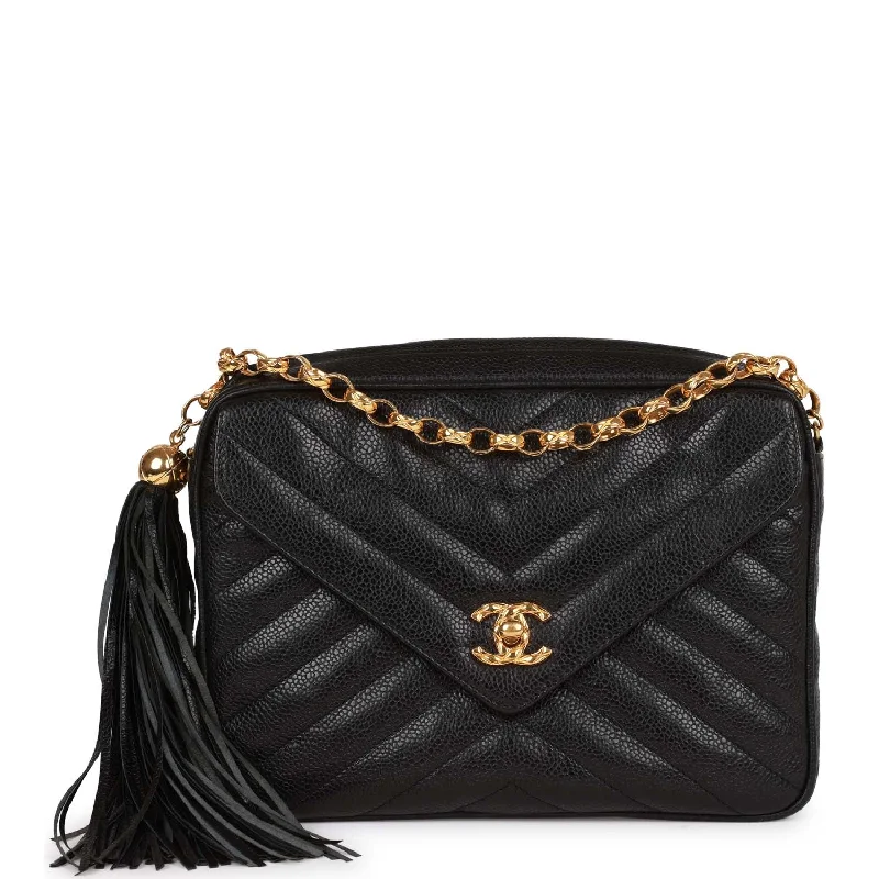 Bags For Free-Spirited And Artistic Styles Vintage Chanel Small Chevron Tassel Camera Bag Black Caviar Gold Hardware