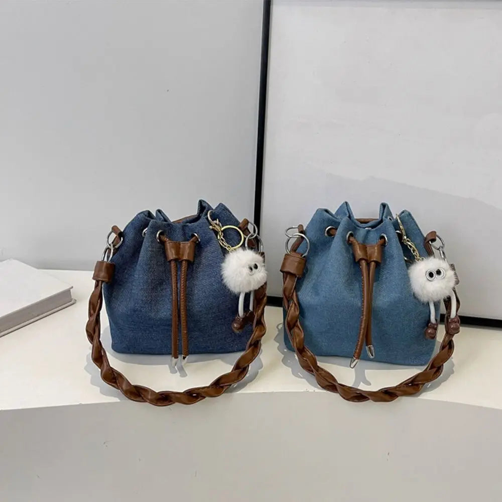 Bags For College Students On A Budget Creative Fashion Denim Single Shoulder Crossbody Drawstring Bucket Bag Casual Lady Handbags Tote Purses