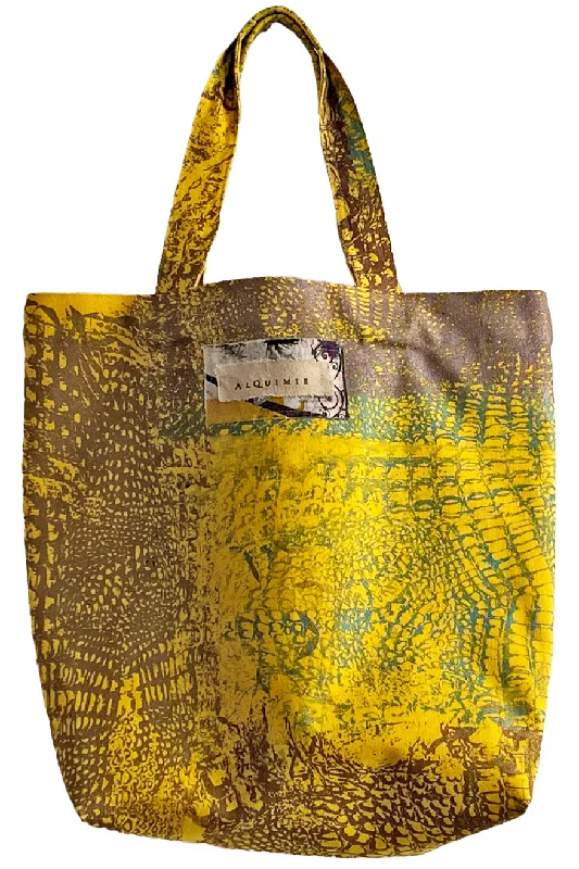 Luxury Bags On Sale Hand Dyed & Printed Canvas Tote - Canary Yellow & Green Alligator