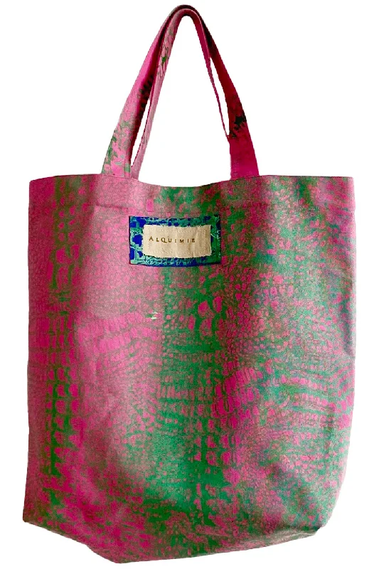 Affordable Handbags Hand Dyed & Printed Canvas Tote - Pink & Green Alligator