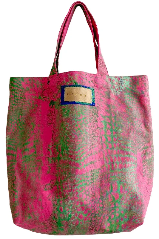 Trendy And Discounted Designer Handbags Hand Dyed & Printed Canvas Tote - Pink & Green Alligator