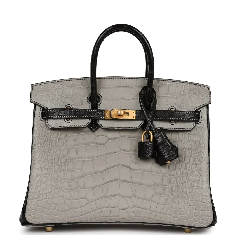 Rustic Bags For Outdoor And Nature-Inspired Looks Hermes Special Order (HSS) Birkin 25 Gris Perle and Black Matte Alligator Mississippienis Brushed Gold Hardware