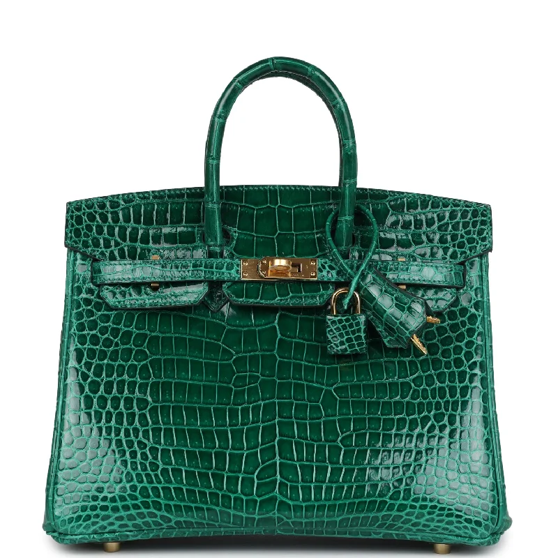 Minimalist Leather Bag For Modern Aesthetics Hermes Birkin 25 Emerald Shiny Porosus Crocodile Gold Hardware