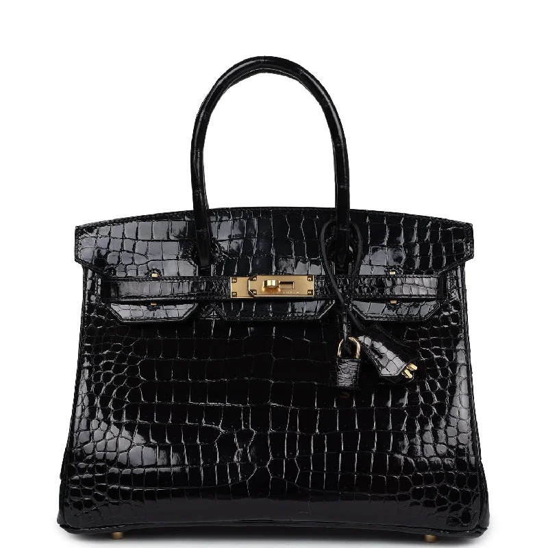 Tote Bag For Office Use Hermes Birkin 30 Black Shiny Porosus Crocodile Gold Hardware