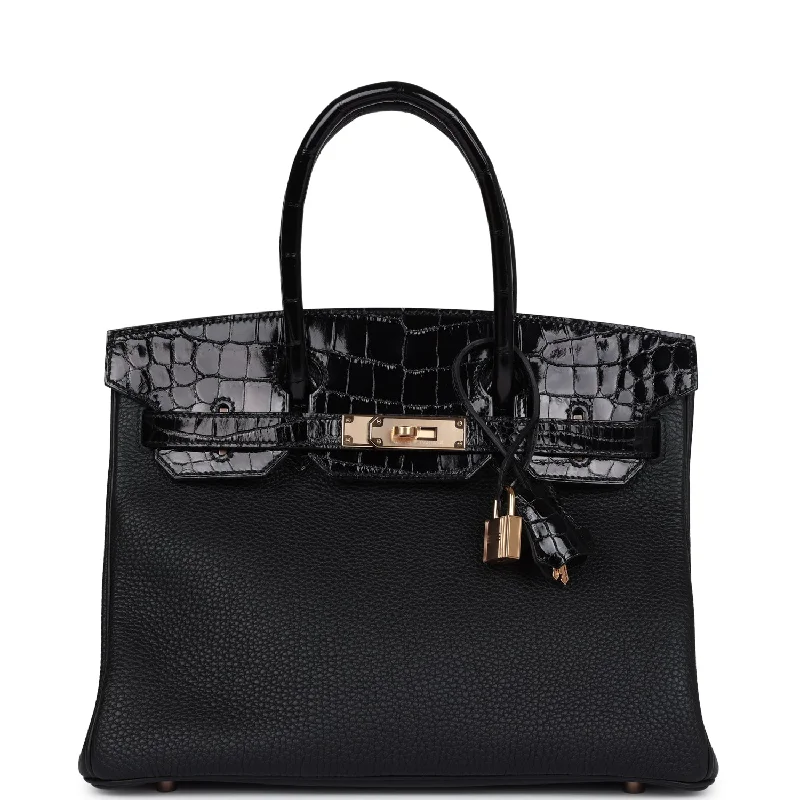 Chic Bags For Office Professionals And Urban Dwellers Hermes Birkin 30 Black Shiny Niloticus Crocodile and Togo Touch Rose Gold Hardware