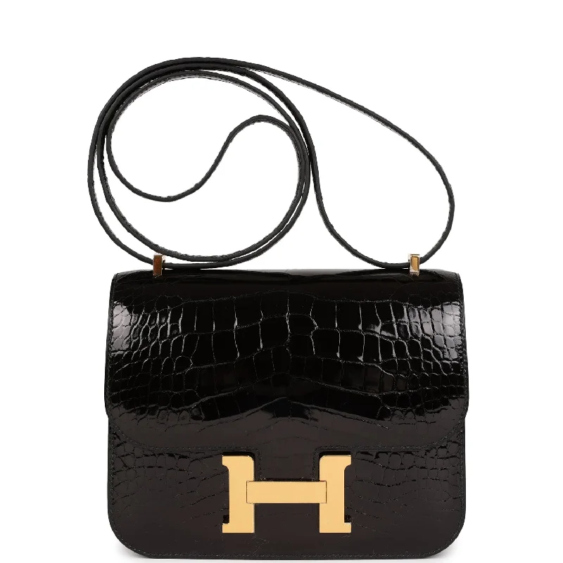 Glamorous Bags For Evening Events And Parties Hermes Constance 18 Black Shiny Alligator Gold Hardware