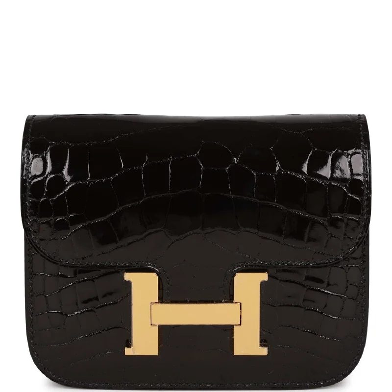 Everyday Bags For Work, School, Or Errands Hermes Constance Slim Wallet Shiny Black Alligator Gold Hardware