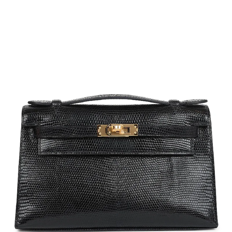 Handbag For Fashion Hermes Kelly Pochette Black Varanus Niloticus Lizard Gold Hardware