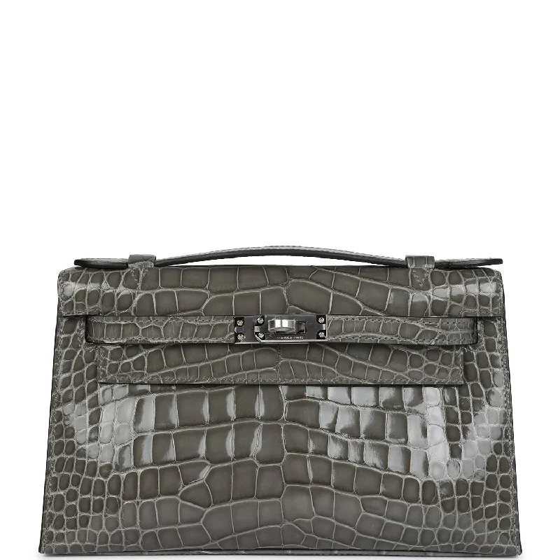 Limited Edition Bags For Collectors Hermes Kelly Pochette Gris Ciment Shiny Alligator Palladium Hardware