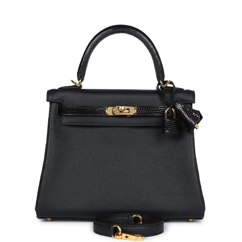 Genuine Bags On Clearance Sale Hermes Kelly Retourne 25 Black Swift and Varanus Niloticus Lizard Touch Gold Hardware