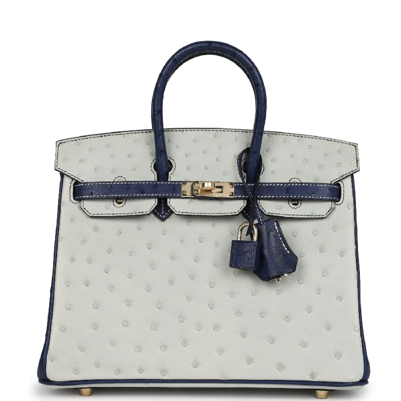 Lightweight Bags For Senior Travelers Hermes Special Order (HSS) Birkin 25 Gris Perle and Bleu Iris Ostrich Permabrass Hardware