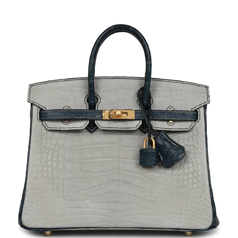 Designer Bags For Luxury Collectors Hermes Special Order (HSS) Birkin 25 Gris Perle and Vert Rousseau Matte Alligator Brushed Gold Hardware