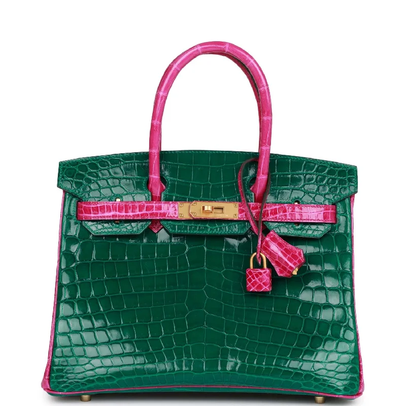 Eco-Friendly And Discounted Bags Hermes Special Order (HSS) Birkin 30 Emerald and Rose Scheherazade Shiny Niloticus Crocodile Brushed Gold Hardware