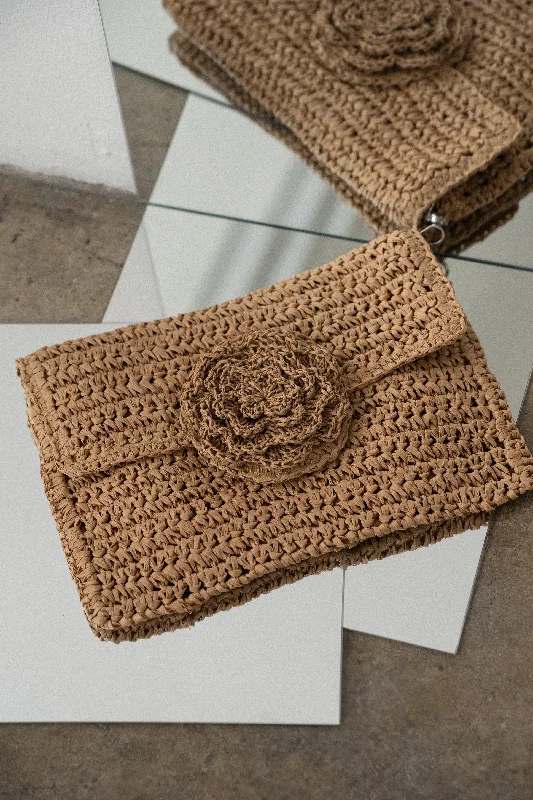 Luxury Bags On Sale Khaki Woven Rose Clutch