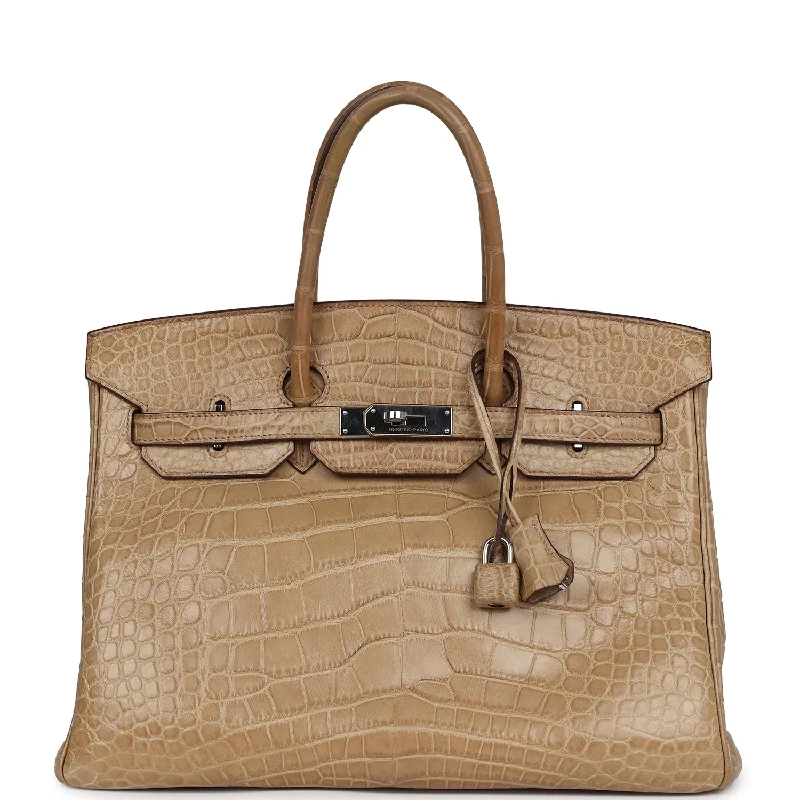 Lightweight And Functional Bags For Travel And Work Pre-owned Hermes Birkin 35 Poussiere Matte Alligator Palladium Hardware