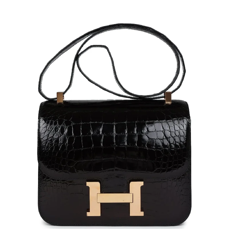 Luxury Bags On Sale Pre-owned Hermes Constance 24 Black Shiny Alligator Rose Gold Hardware