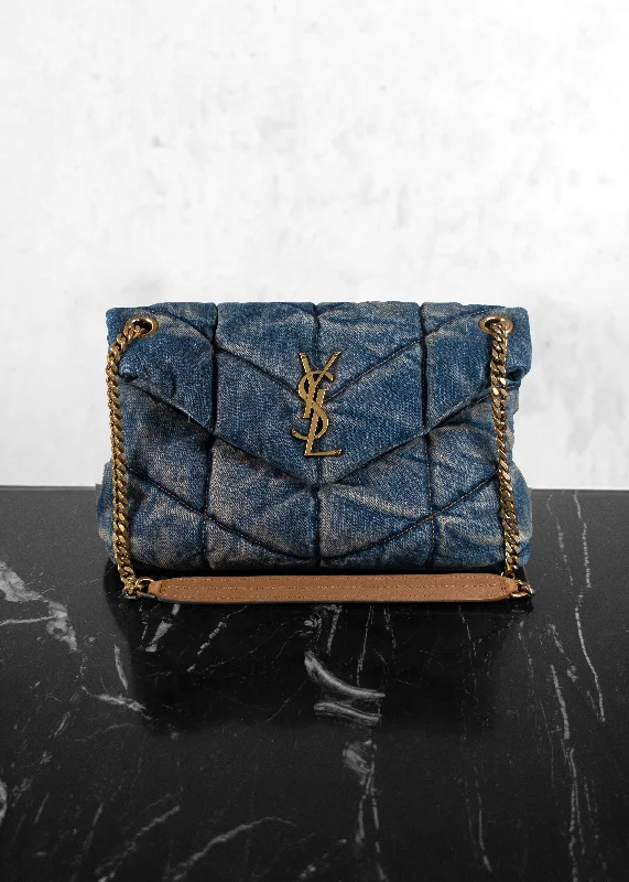 Affordable Handbags Saint Laurent Denim Quilted Blue Cinnamon Small Loulou Puffer Monogram Chain Satchel