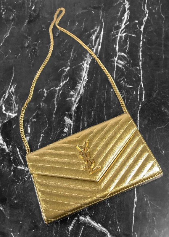Stylish Yet Affordable Bags Saint Laurent Metallic Calfskin Matelasse Chevron Monogram Envelope Chain Wallet