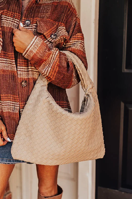 Luxury Bags On Sale Street Style Faux Leather Woven Tote in Warm Taupe