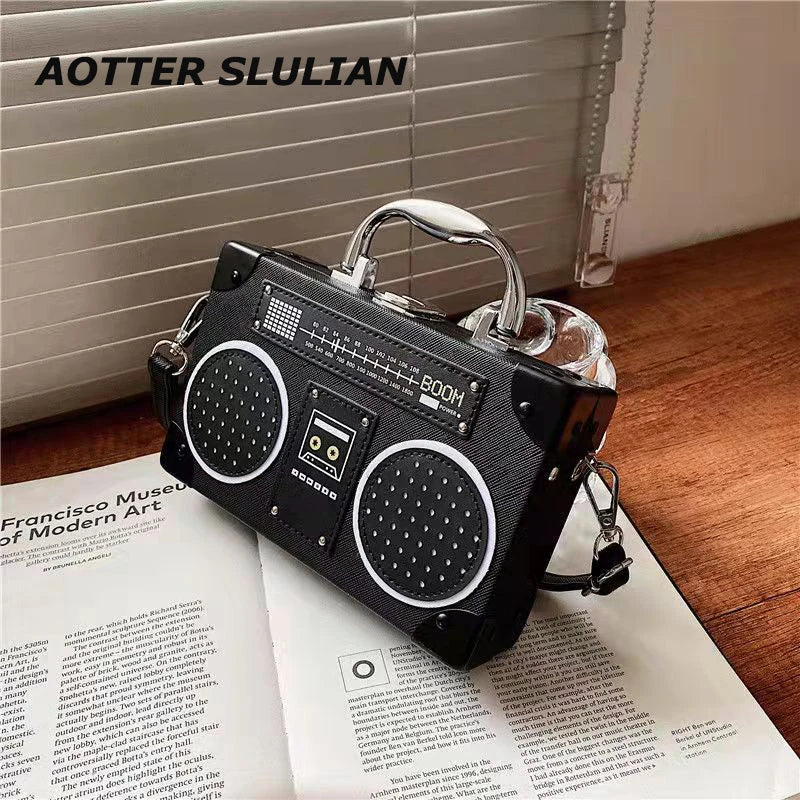 Bags For Urban And Trendy Looks Unique Retro Radio Box Bag Ladies Leather Handbag Shoulder Bag Metal Handle Purse Women's Crossbody Messenger Pouch Flap Bolsas