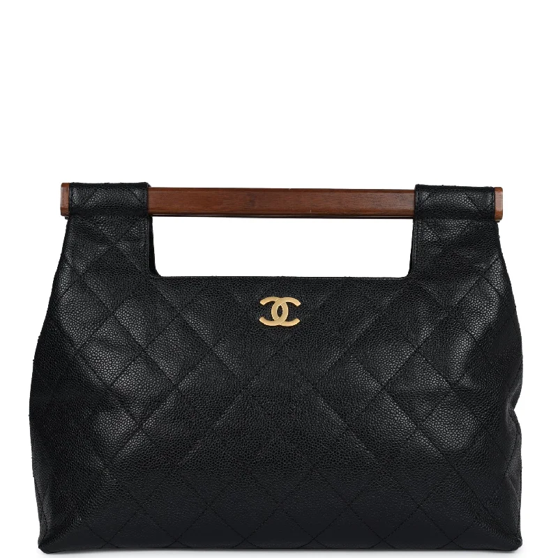 Affordable Bags Vintage Chanel Wood Top Handle Bag Black Caviar Gold Hardware