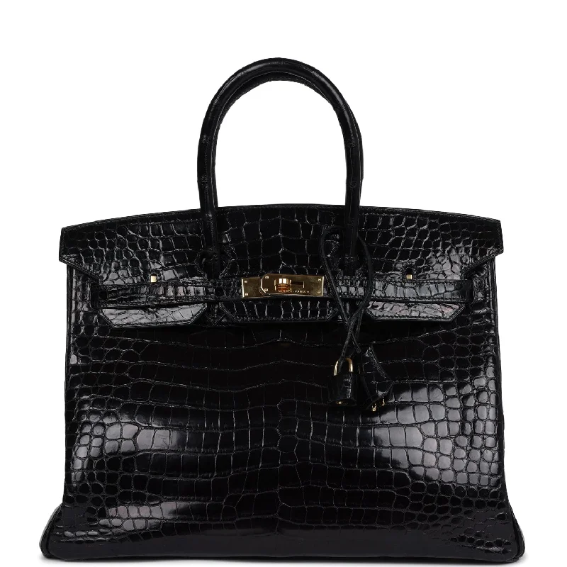 Sleek And Seasonal Sale Bags Pre-owned Hermes Birkin 35 Black Shiny Porosus Crocodile Gold Hardware