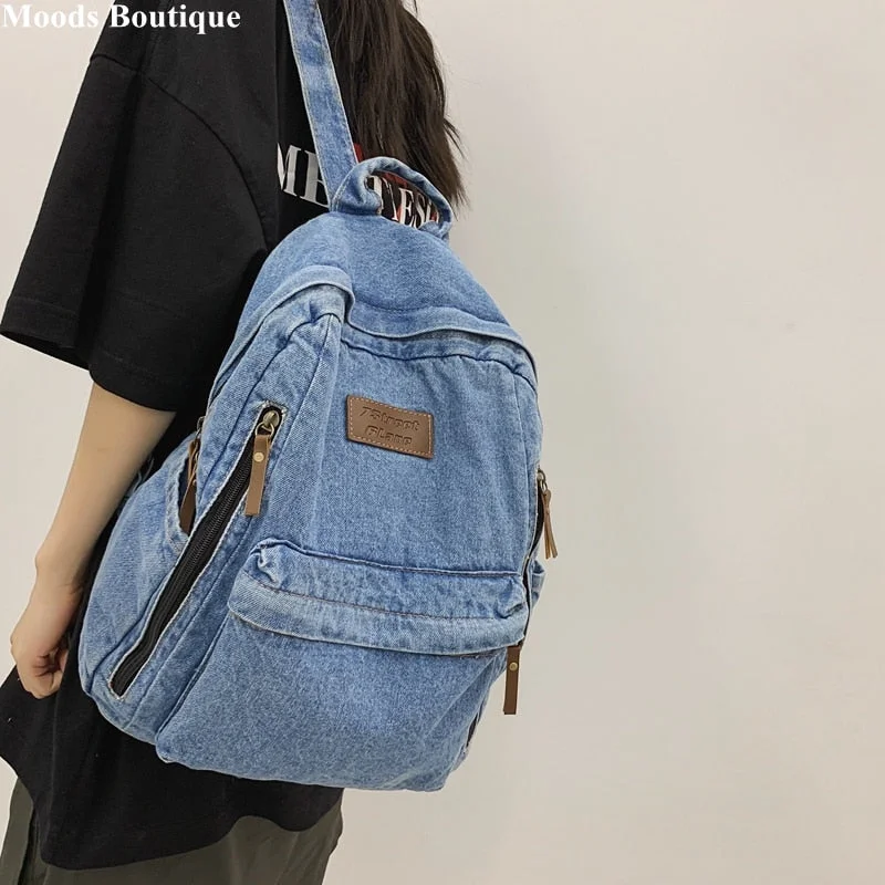 Evening Events Washed Denim Fashion Backpacks For Women 2023 Latest Trend Student School Bag Multi Pockets Large Capacity Blue Rucksack Mochila