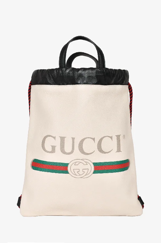 Vintage Bags For Retro And Classic Fashion Lovers Gucci White Leather Logo Small Drawstring Backpack