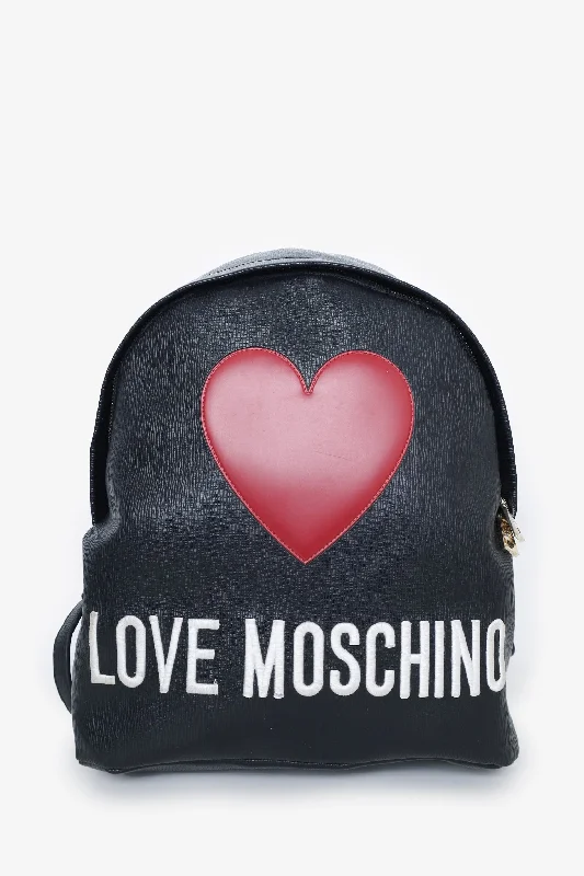 Stylish Bags With Discounts Love Moschino Black Leather Red Heart Backpack