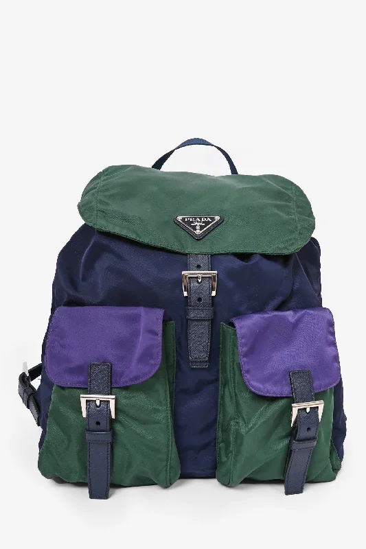 Cyber Monday Discounts On Bags Prada Green/Navy Nylon/Saffiano Leather Trim Backpack