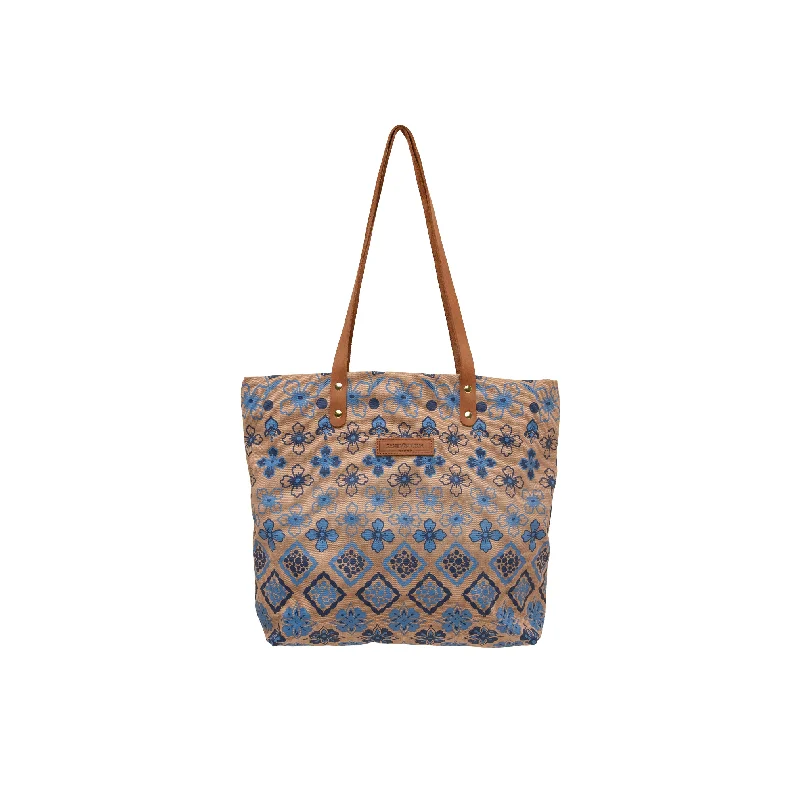 Tan Canvas Mid Blue Dark Blue Tile Print