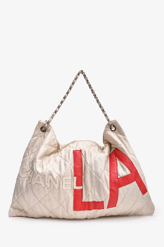 Retro Lovers Pre-Loved Chanel™ 2008/09 Beige Metallic Cloth Quilted Jumbo LA Logo Hobo Chain Tote