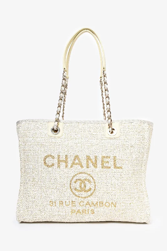 Limited Edition Bags For Collectors Pre-Loved Chanel™ 2021/22 Beige/Gold Metallic Tweed Small Deauville Shopping Tote