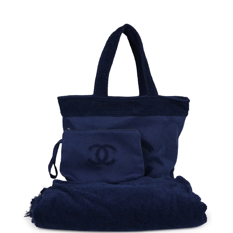 Scratch-Resistant And Luxury Sale Bags Chanel CC Beach Tote Bag & Towel Set Navy Blue Canvas & Terry