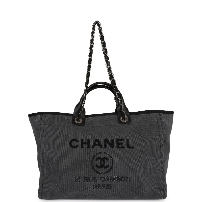 Durable And Cheap Bags Chanel Medium Deauville Shopping Tote Dark Grey Denim Silver Hardware