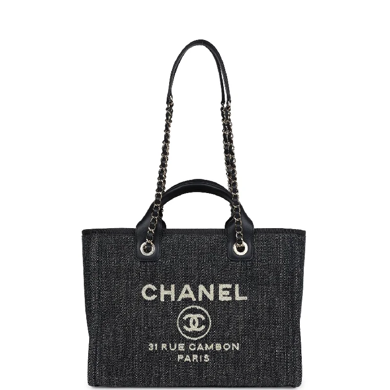 Festival Bags For Concerts And Events Chanel Small Deauville Shopping Tote Dark Blue Denim Light Gold Hardware