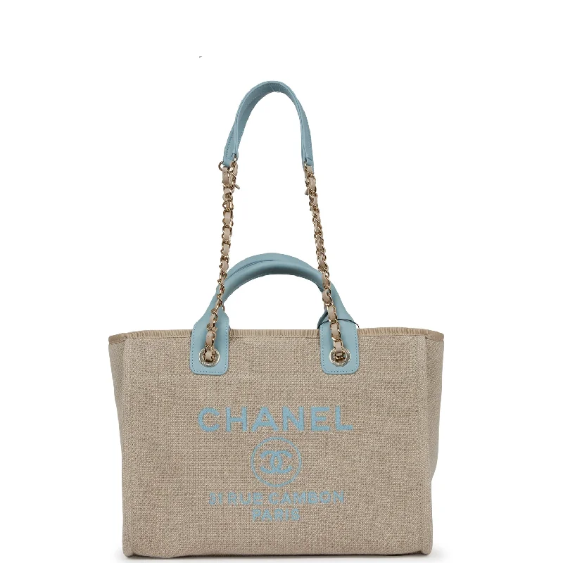 Customizable Bags For Personalized Style Chanel Small Deauville Shopping Tote Blue and Beige Boucle Light Gold Hardware