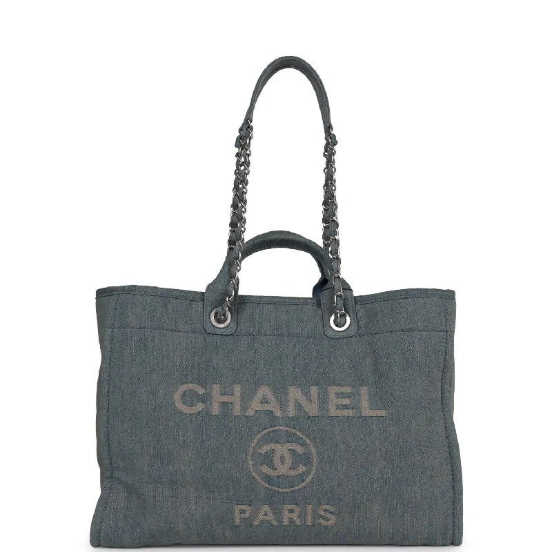 Seasonal Clearance Bags For Summer Chanel Large Deauville Shopping Tote Distressed Blue Denim Silver Hardware