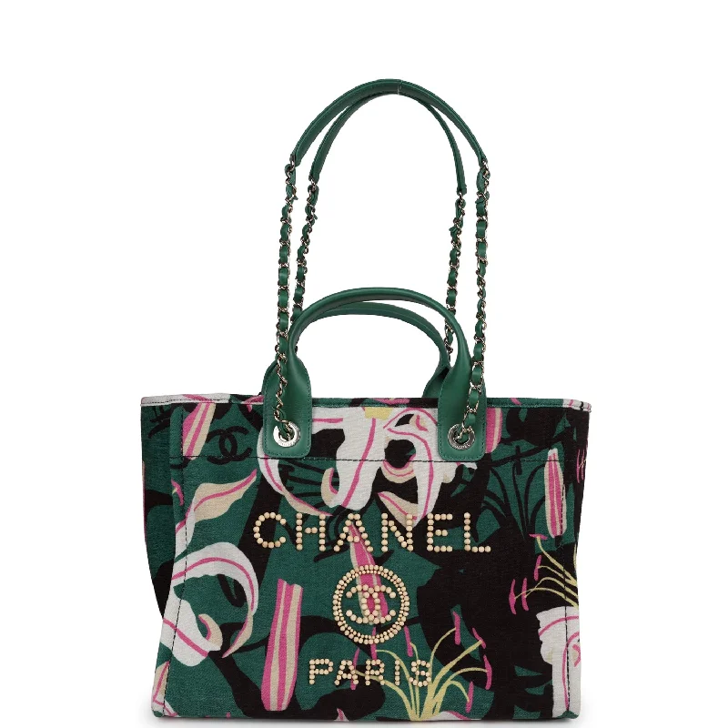 Eco-Friendly Bags With Promotions Chanel Small Deauville Shopping Tote Green and Pink Tropical Floral Velvet Light Gold Hardware