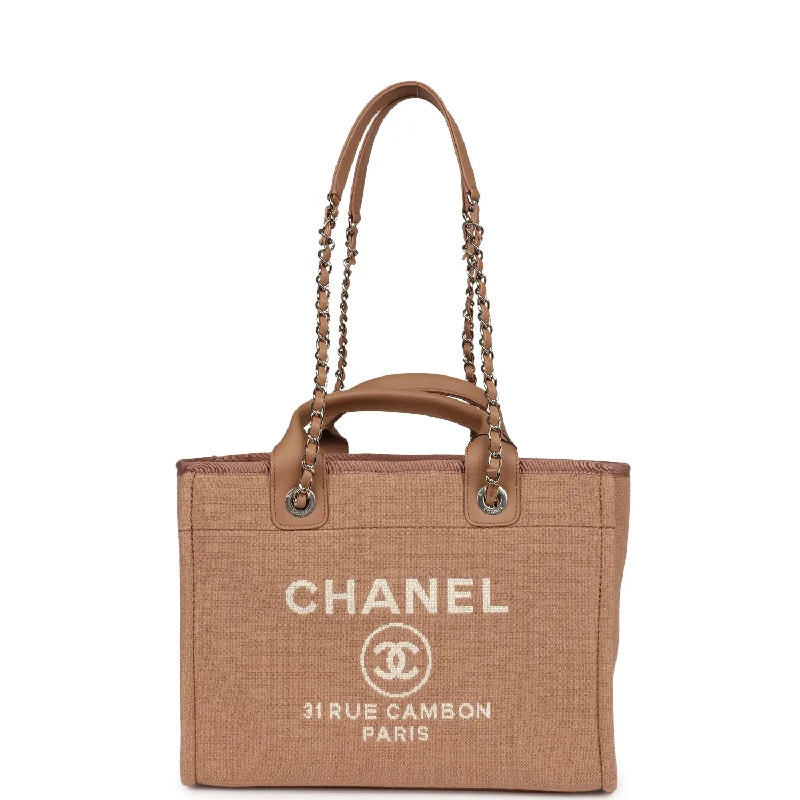 Vintage Bags For Retro And Classic Fashion Lovers Chanel Small Deauville Shopping Tote Dark Beige Canvas Light Gold Hardware