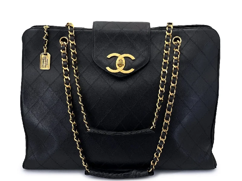 Vintage-Inspired Chanel Supermodel Tote Bag Vintage 1994 Black Quilted XL Weekender 24k GHW WR2