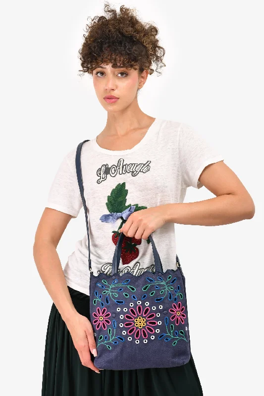 Romantic Valentine's Day Bags With Promotions Chloe Navy Blue/Pink Linen Floral Perforated 'Kamila' Tote with Strap