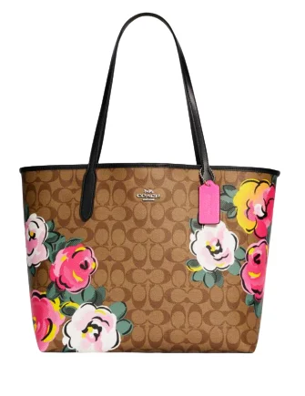 Discounted Designer Bags For Clearance Sale Coach City Tote In Signature Canvas With Vintage Rose Print