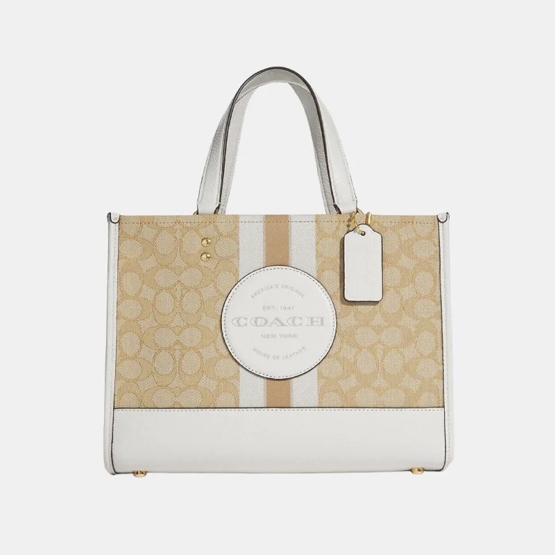 Vibrant Bags With Discounts Coach Dempsey Carryall Tote Signature Khaki White Jacquard Stripe Patch Bag