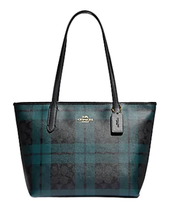 Tote Bag For Everyday Use Coach Zip Top Tote in Signature Canvas with Field Plaid Print
