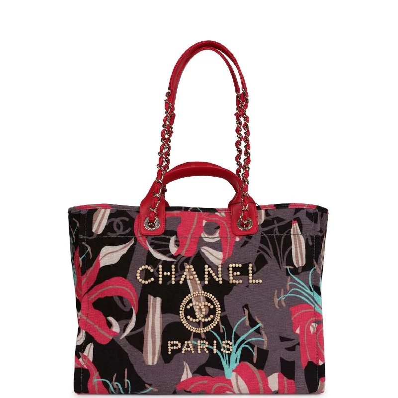 Inspired Bags For Luxury Fashion Lovers Chanel Small Deauville Shopping Tote Grey and Pink Tropical Floral Velvet Light Gold Hardware